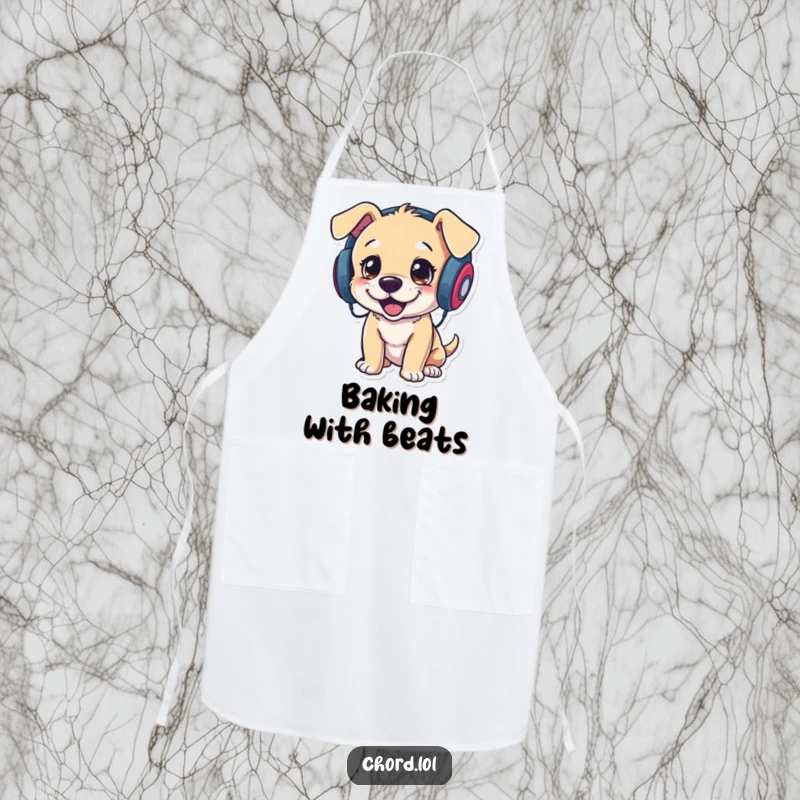 Funny puppy DJ apron, a dog wearing headphones and cooking, practical humor for the kitchen.