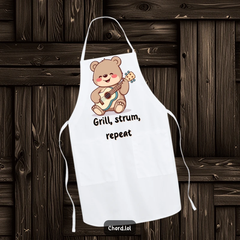 Funny bear in a cheerful pose, strumming a ukulele, perfect for the musical chef.
