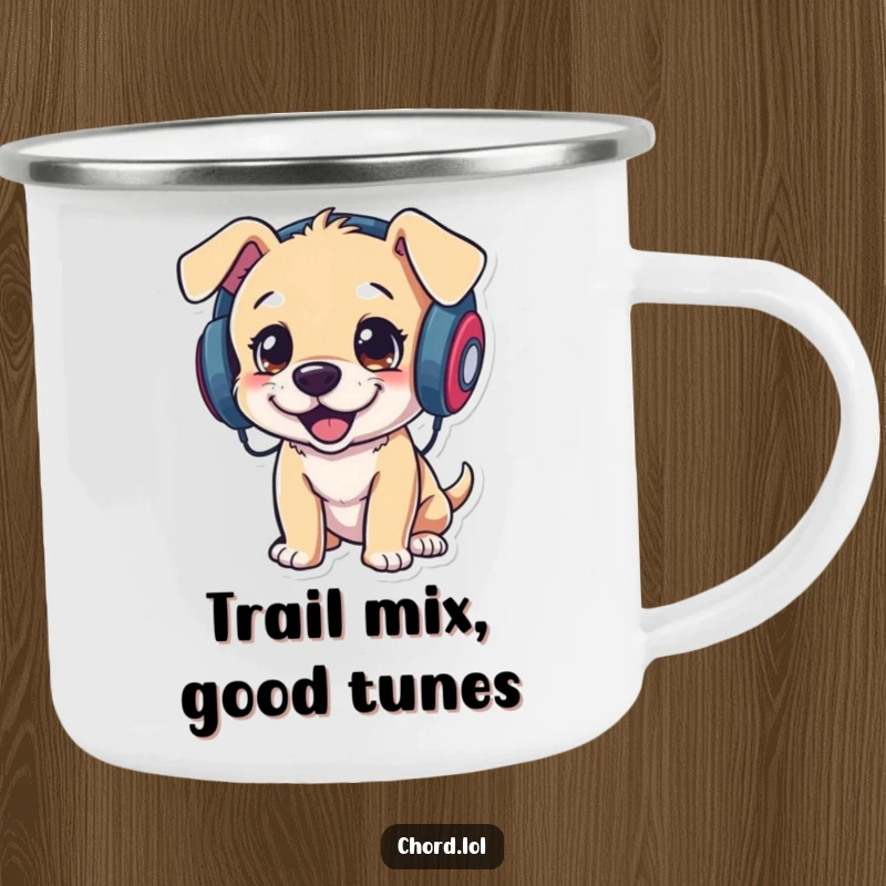 Funny puppy DJ camping mug, a dog with headphones enjoying the outdoors, durable and humorous drinkware.