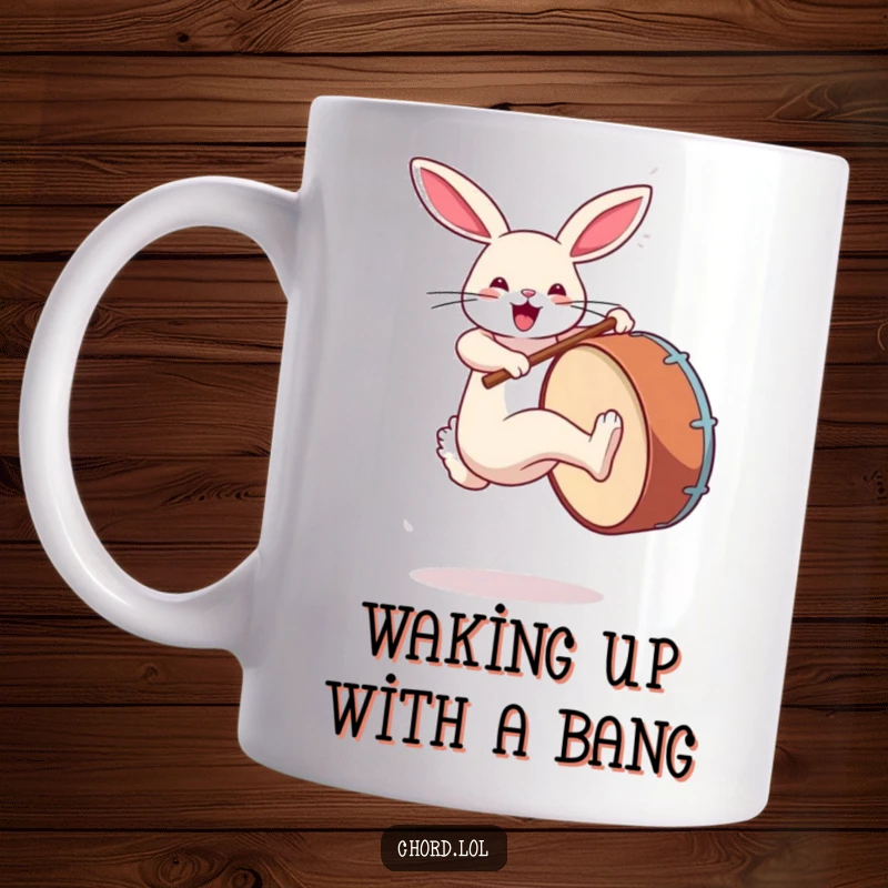 Funny rabbit energetically jumping and kicking a large bass drum with its hind legs, creating a powerful beat.
