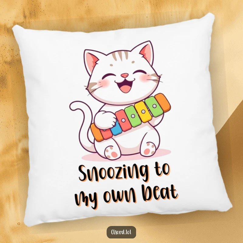 Soft funny cat xylophone pillow, a cute feline playing music, adding humorous comfort to any space.