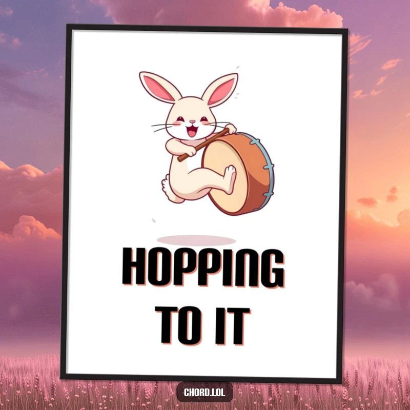 Funny rabbit jumping and kicking a large bass drum, high-quality digital art for instant display.