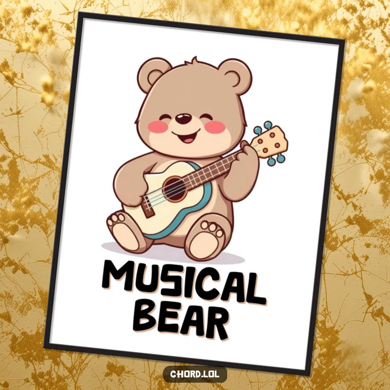 Funny, cheerful bear playing a ukulele with large tuning pegs, ready for instant download and display.