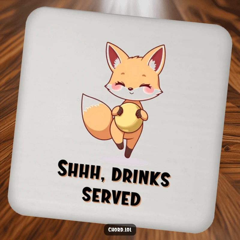 Funny fox tiptoeing with a tiny, shining cymbal, guarding your furniture with quiet grace.