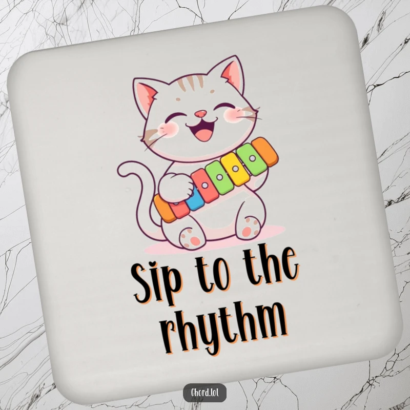 Funny cat playing a colorful xylophone on a drink coaster, protecting surfaces with musical artistry and humor.