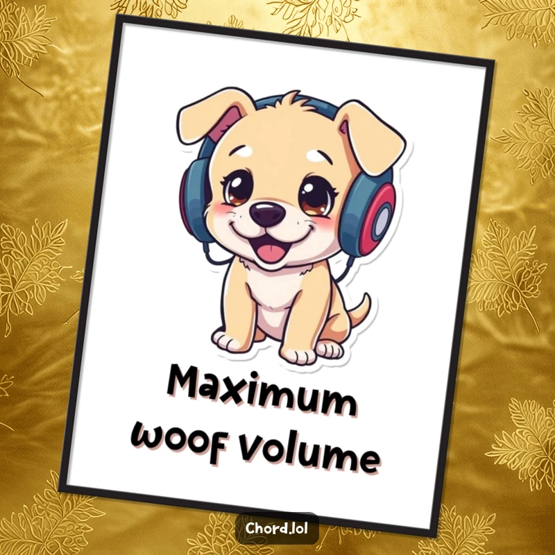 Funny playful puppy wearing headphones and bopping its head vigorously, vibrant wall art for music rooms.
