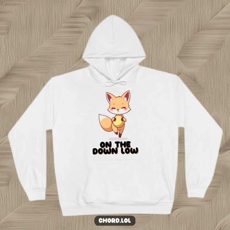 Funny fox tiptoeing with a tiny, shining cymbal, a cozy design for stealthy adventures.