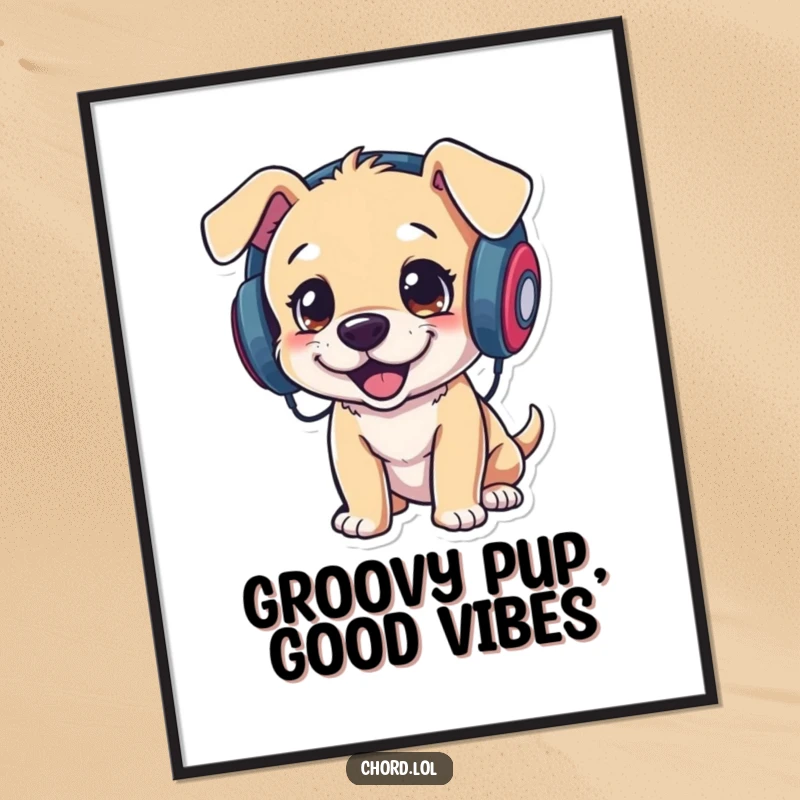 Funny Free Printable Wall Art: A playful puppy wearing headphones enthusiastically bops its head to an unheard rhythm.