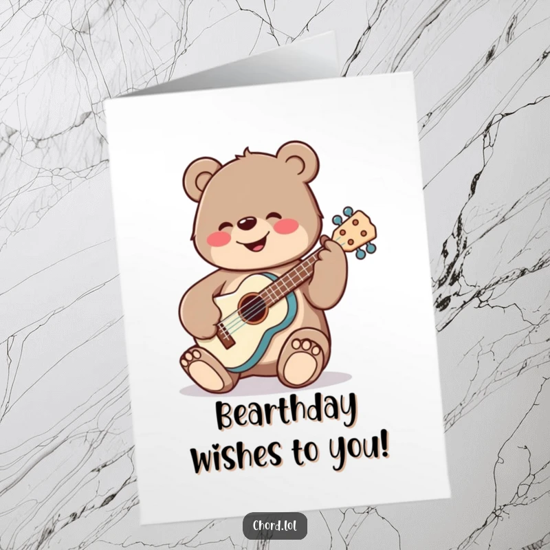 Funny Free Printable Birthday Card: Cheerful bear strumming a ukulele with large tuning pegs, happy birthday.