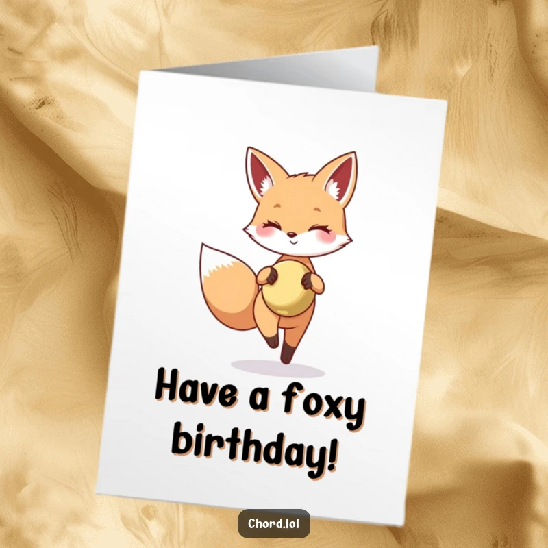Funny Free Printable Birthday Card: Happy fox tiptoeing with a tiny shining cymbal, ready to surprise.