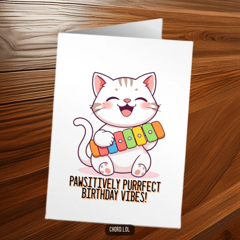 Funny Free Printable Birthday Card: A smiling cat joyfully plays a colorful xylophone, perfect for a musical celebration.