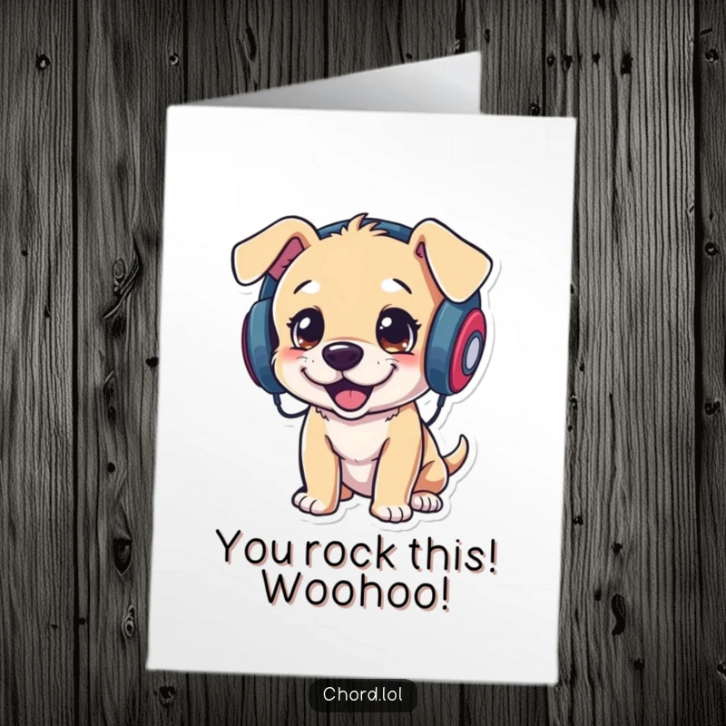 Funny Free Printable Congrats Card: A playful puppy wearing headphones energetically bopps its head to celebratory music.
