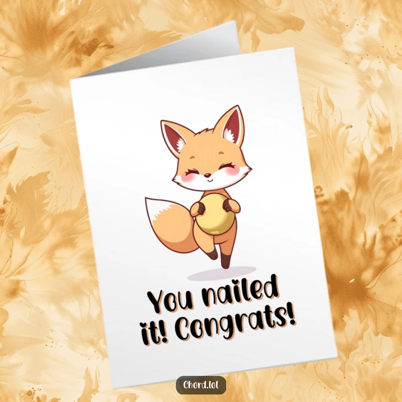 Funny Free Printable Congrats Card: Happy fox carefully holding a small shining cymbal, celebrating success.