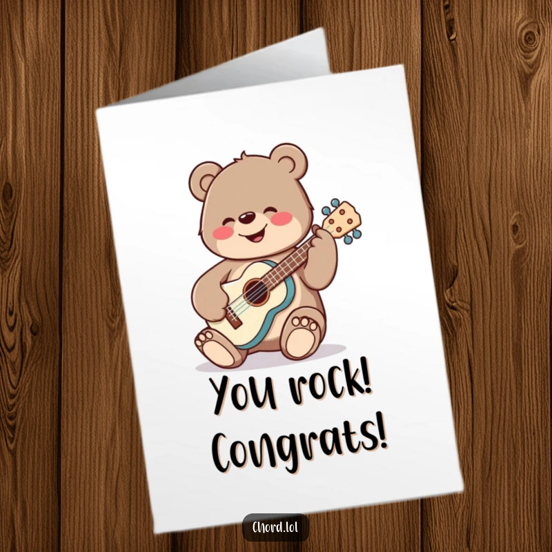 Funny Free Printable Congrats Card: Cheerful bear playing a ukulele, perfect for congratulations and celebrations.