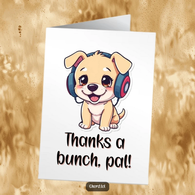 Funny Free Printable Thank You Card: A playful puppy with headphones bops its head, sending groovy thanks.