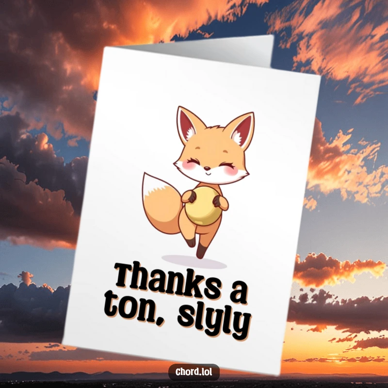 Funny Free Printable Thank You Card: Happy fox tiptoeing with a tiny cymbal, a unique thank you.