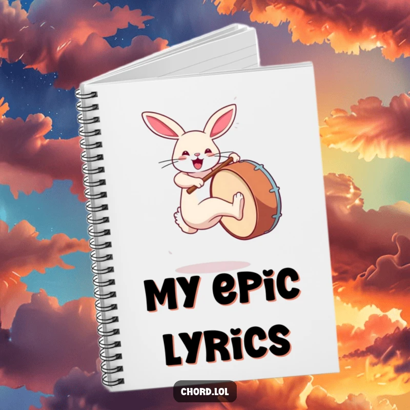 Funny rabbit kicking a large bass drum, perfect for musical notes or energetic journaling.