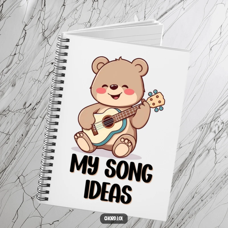 Funny, cheerful bear playing a ukulele, ideal for music notes or daily journaling.