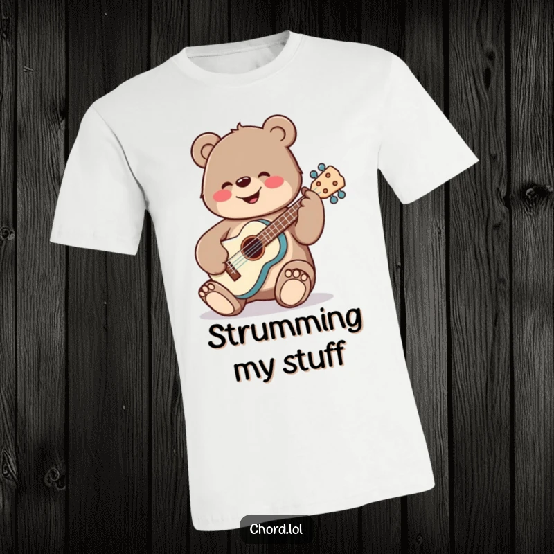 Funny, happy bear strumming a ukulele with large tuning pegs, a musician’s delight.