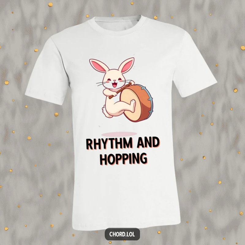 Funny rabbit in mid-air, kicking a large bass drum with strong hind legs, a lively performer.