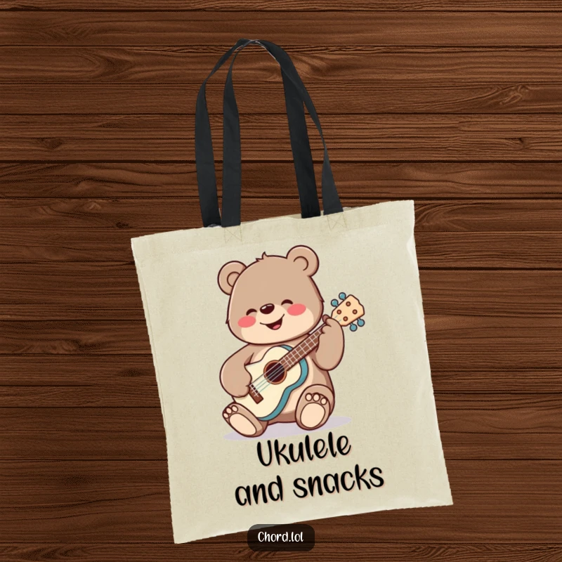 Funny, cheerful bear strumming a ukulele, perfect for carrying books, groceries, or sheet music.